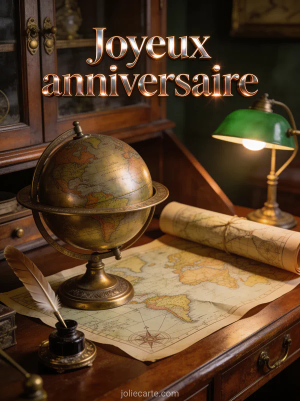 Globe terrestre ancien en laiton sur un bureau en acajou avec stylo plume et carte maritime avec le texte Joyeux anniversaire