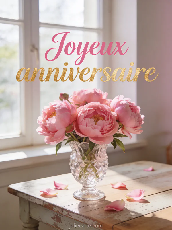 Vase en cristal rempli de pivoines roses opulentes sur table en bois patiné pétales tombés texte Joyeux anniversaire