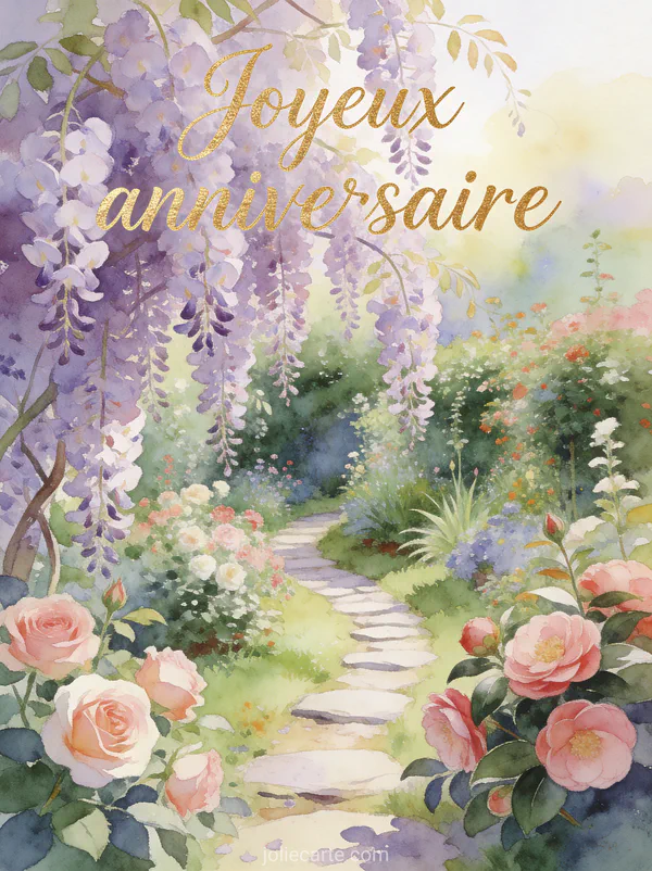 Jardin fleuri avec glycine tombante roses et camélias chemin de pierre illustration aquarelle texte Joyeux anniversaire