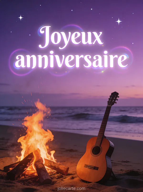 Feu de camp crépitant sur une plage au crépuscule avec guitare et étoiles et le texte Joyeux anniversaire