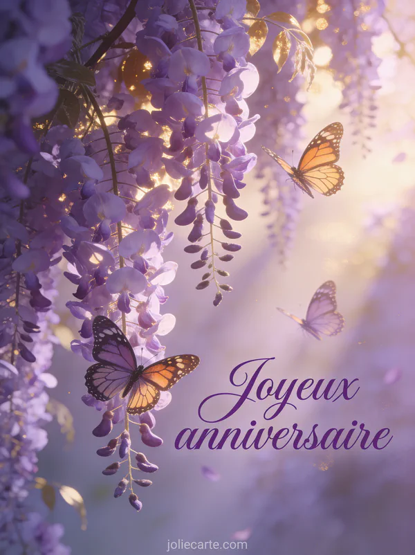Papillons monarques virevoltant parmi grappes de glycine mauve en cascade illustration onirique texte Joyeux anniversaire