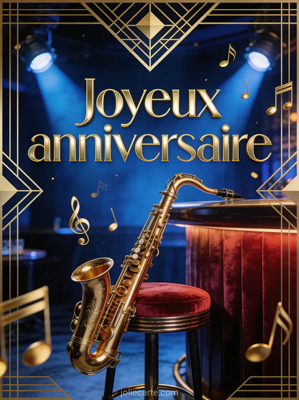 Illustration d'un saxophone doré sur un tabouret de velours rouge avec notes de musique sur fond bleu nuit et le texte Joyeux anniversaire