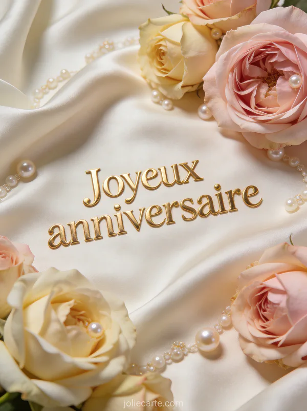 Roses garden rose pâle et crème avec perles délicates sur tissu de soie ivoire texte Joyeux anniversaire doré