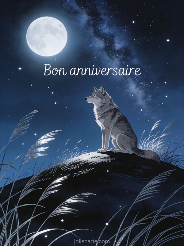 Loup gris noble assis au sommet d'une colline sous un ciel étoilé avec voie lactée et pleine lune et le texte Bon anniversaire