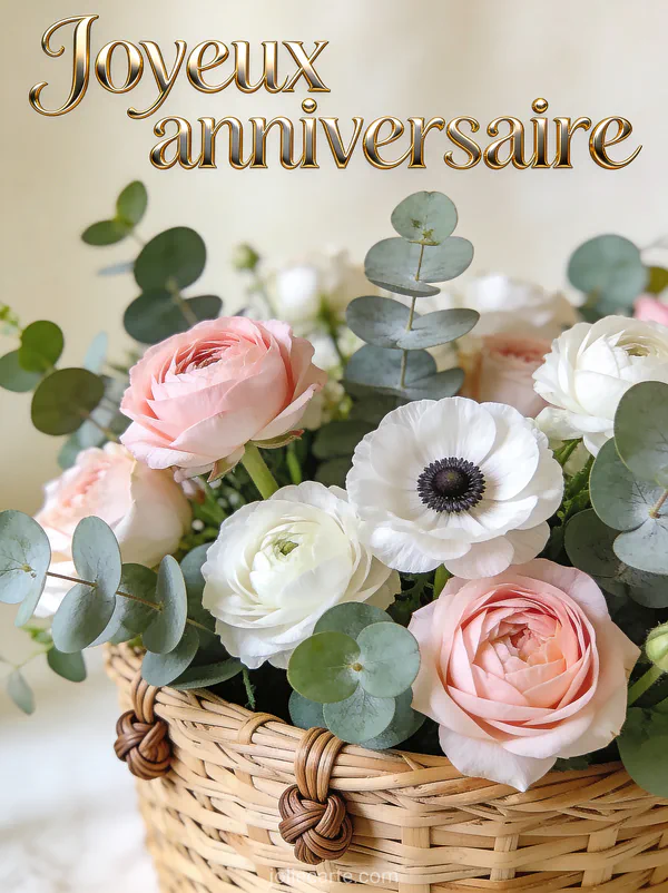 Composition florale de renoncules roses anémones blanches et eucalyptus dans panier en osier texte Joyeux anniversaire