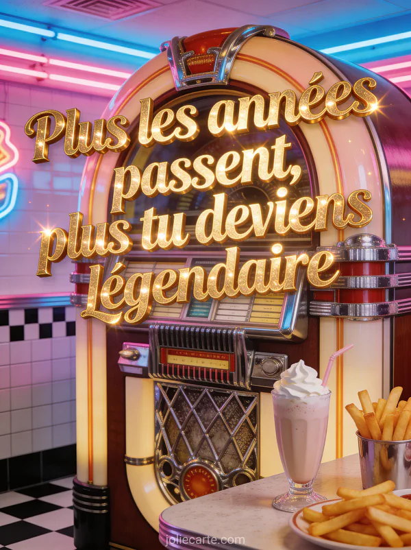 Illustration d'un jukebox chromé des années 50 dans un diner américain rétro avec néons et le texte Plus les années passent plus tu deviens légendaire