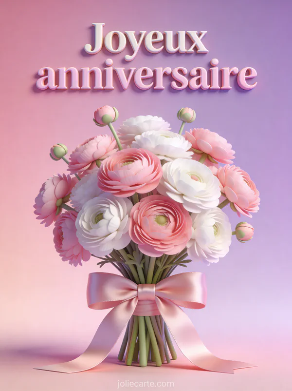 Bouquet de renoncules rose poudré et blanches noué d'un ruban de satin illustration 3D texte Joyeux anniversaire