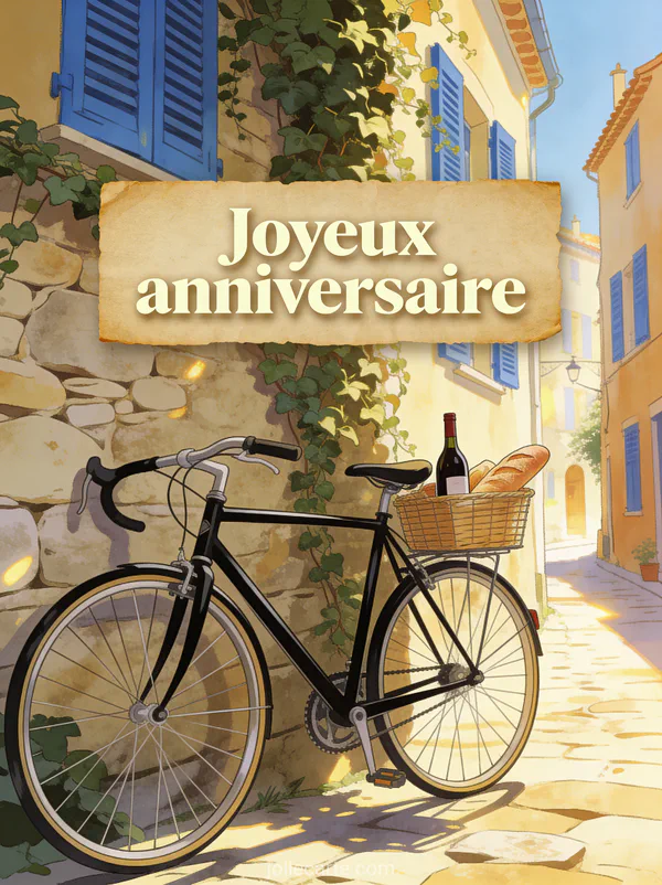 Vélo vintage noir contre un mur de pierres avec lierre dans une ruelle provençale ensoleillée avec le texte Joyeux anniversaire
