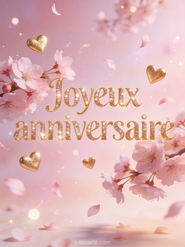 Cœurs dorés flottant parmi des fleurs de cerisier roses et pétales virevoltant illustration féérique texte Joyeux anniversaire