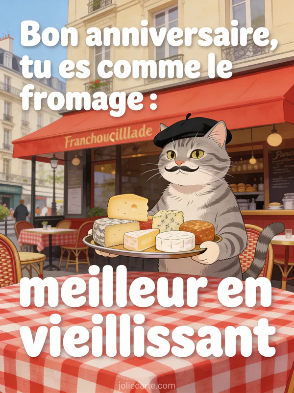 Illustration d'un chat tigré avec béret français et plateau de fromages dans un bistrot parisien avec le texte Bon anniversaire