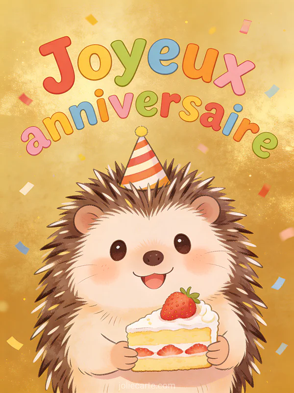 Hérisson attendrissant avec chapeau de fête tenant une part de gâteau aux fraises illustration texte Joyeux anniversaire