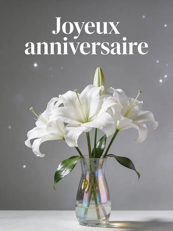 Lys blancs majestueux dans vase en verre transparent avec reflets irisés fond gris perle texte Joyeux anniversaire