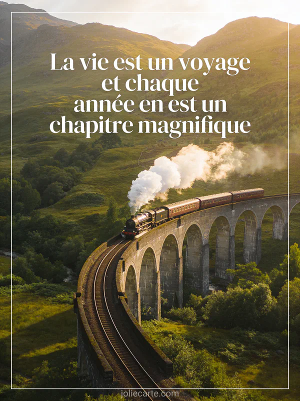 Train à vapeur traversant un pont de pierre au-dessus d'une vallée verdoyante avec montagnes et le texte La vie est un voyage