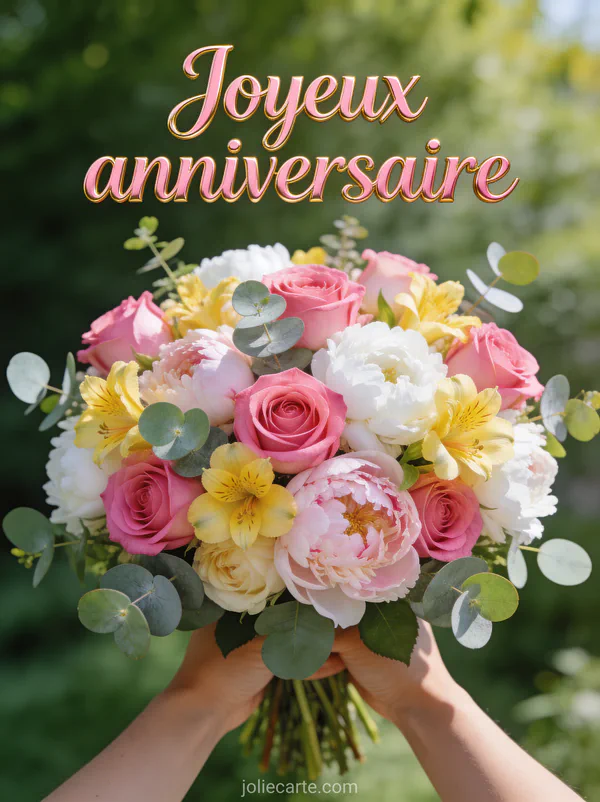 Grand bouquet opulent de roses pivoines blanches freesias jaunes et eucalyptus en extérieur texte Joyeux anniversaire