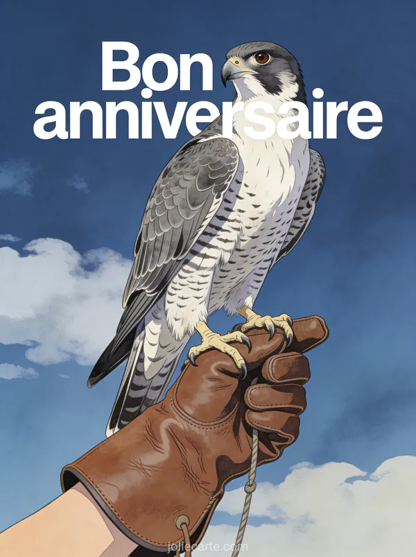 Faucon pèlerin perché sur un gant de cuir brun avec regard noble sous un ciel bleu et le texte Bon anniversaire
