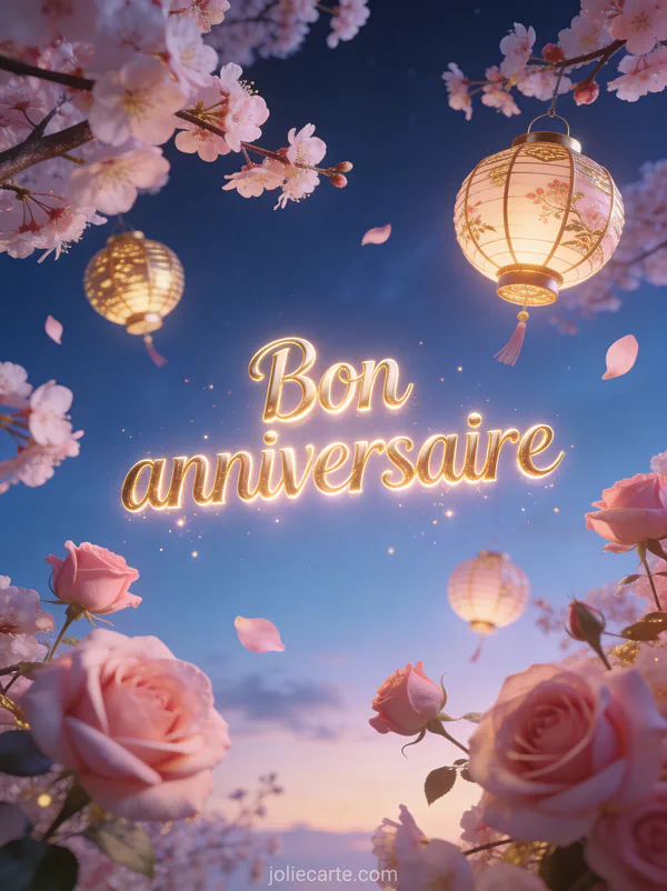 Lanternes dorées et roses flottant dans ciel crépusculaire avec cerisiers en fleurs illustration onirique texte Bon anniversaire