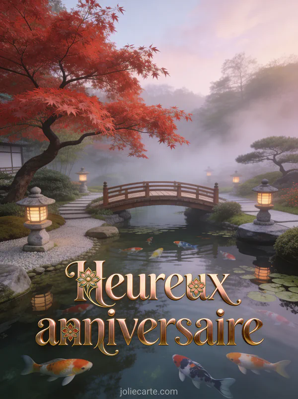 Illustration d'un jardin japonais zen avec érable rouge pont de bois et étang aux carpes koï avec le texte Heureux anniversaire