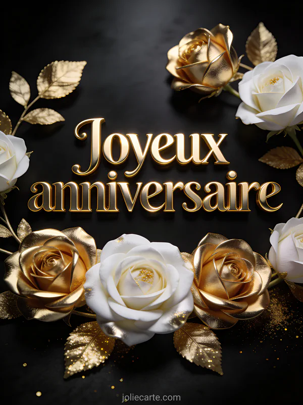 Roses dorées et blanches sur fond noir élégant avec touches de feuilles d'or texte Joyeux anniversaire doré