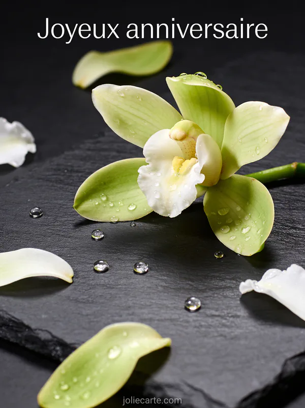 Orchidée cymbidium verte et blanche sur ardoise noire avec perles de rosée éclairage minimal texte Joyeux anniversaire