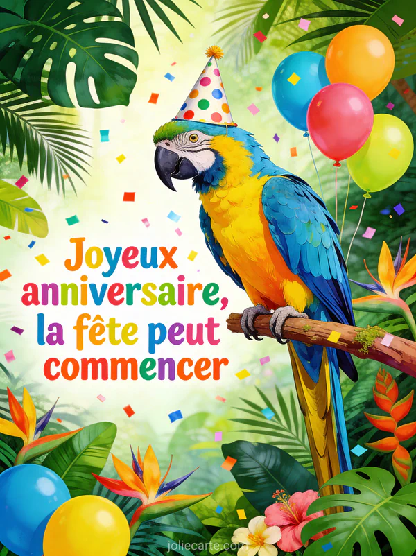 Illustration d'un perroquet ara bleu et jaune avec chapeau de fête et ballons dans une jungle tropicale avec le texte Joyeux anniversaire