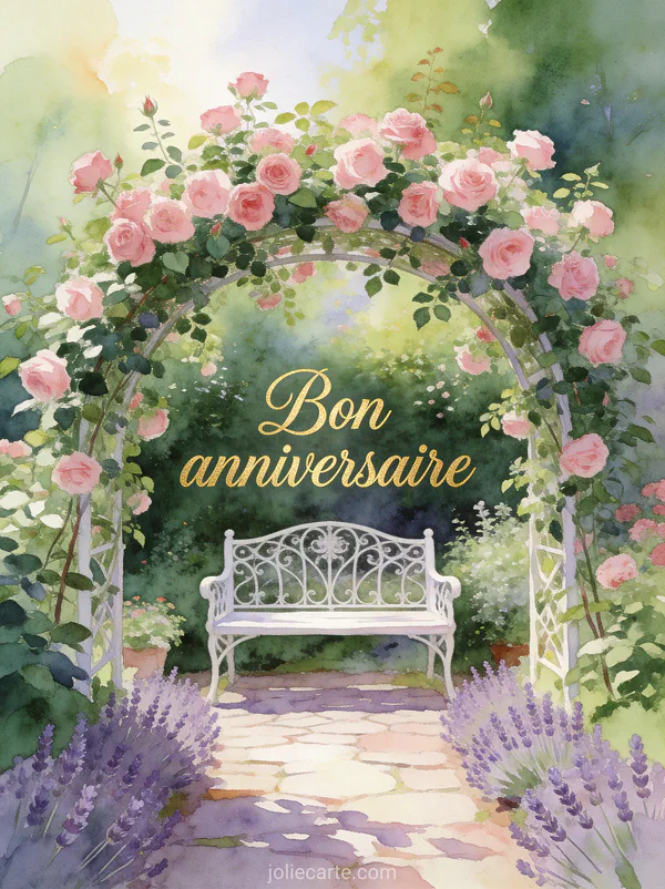 Jardin anglais avec banc en fer forgé sous arche de roses grimpantes allée de lavande illustration aquarelle texte Bon anniversaire