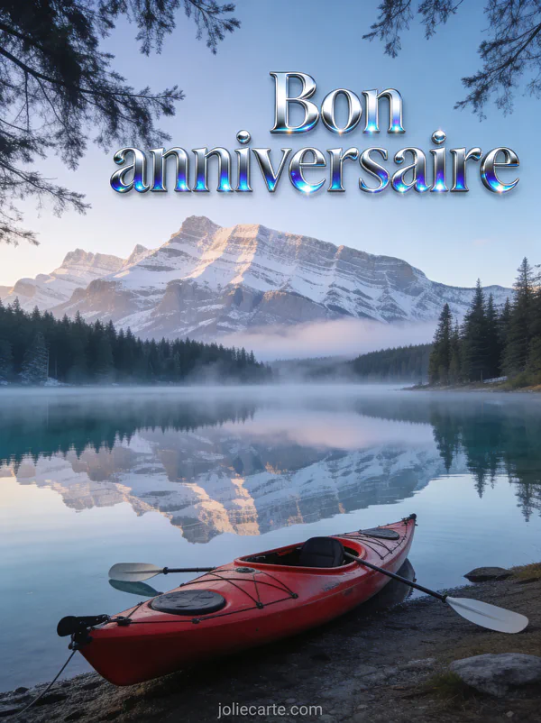 Kayak rouge au bord d'un lac de montagne cristallin avec reflets et forêt de sapins et le texte Bon anniversaire