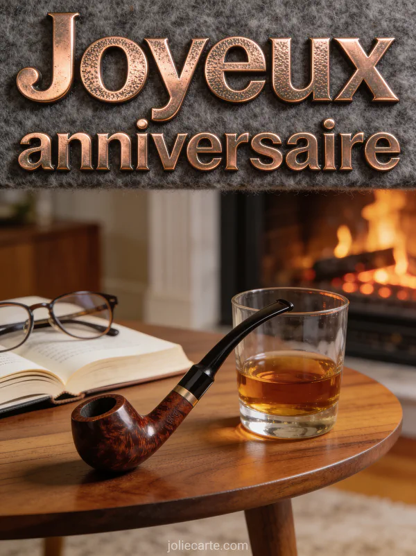 Pipe en bruyère et verre de cognac sur table en noyer avec cheminée et livre ouvert et le texte Joyeux anniversaire