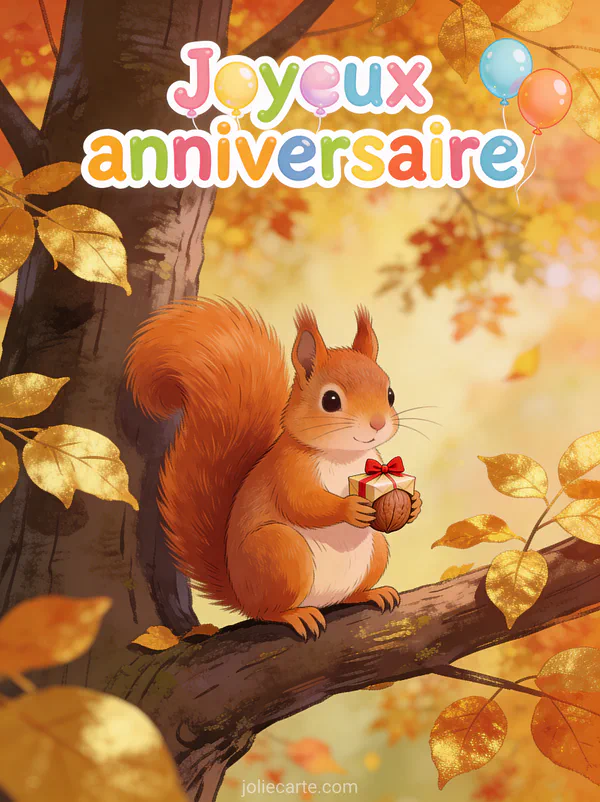 Écureuil roux tenant une noisette emballée comme cadeau avec nœud rouge sur branche en automne illustration texte Joyeux anniversaire