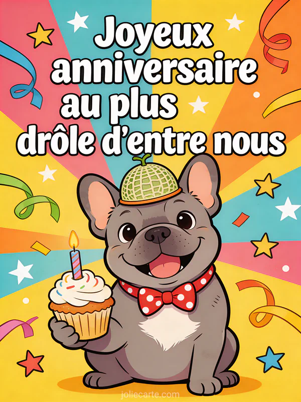 Illustration d'un bouledogue français souriant avec chapeau melon et cupcake avec confettis et le texte Joyeux anniversaire