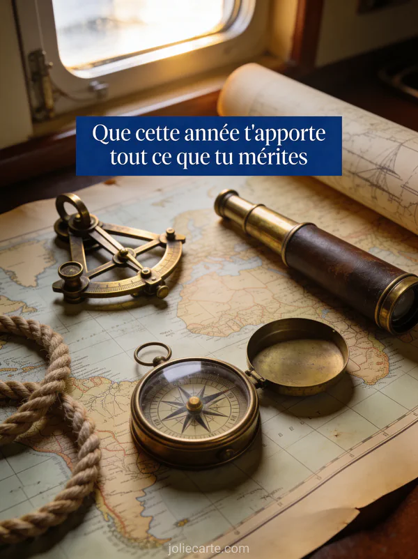 Sextant en laiton sur carte nautique avec longue-vue et compas de navigation et le texte Que cette année t'apporte tout ce que tu mérites