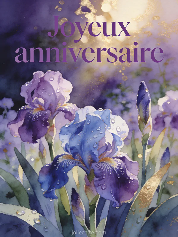 Iris violets et bleus avec gouttes de rosée dans jardin matinal lumière dorée illustration aquarelle texte Joyeux anniversaire