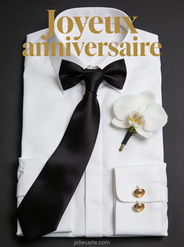 Nœud papillon en soie noire sur chemise blanche avec orchidée en boutonnière et boutons de manchette dorés et le texte Joyeux anniversaire