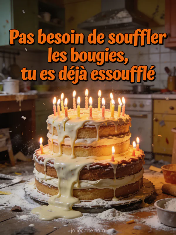 Gâteau d'anniversaire énorme couvert de bougies fondantes dans une cuisine en désordre avec le texte Pas besoin de souffler les bougies