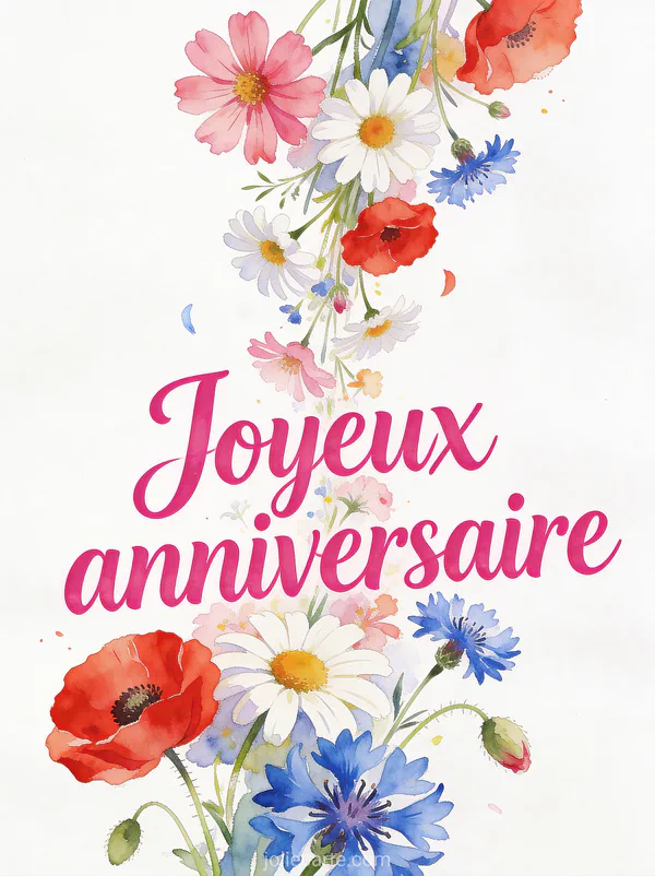 Cascade de cosmos roses marguerites blanches coquelicots rouges et bleuets illustration aquarelle texte Joyeux anniversaire