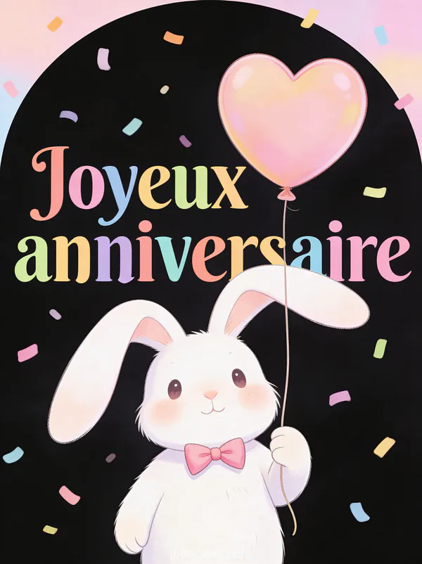 Lapin blanc avec nœud papillon rose tenant un ballon cœur illustration attendrissante texte Joyeux anniversaire