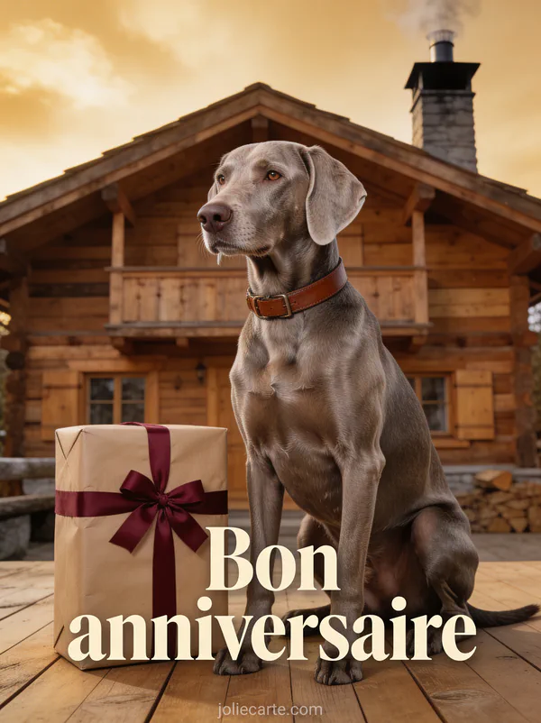 Chien braque de Weimar gris argenté assis à côté d'un cadeau kraft dans un chalet en bois avec le texte Bon anniversaire