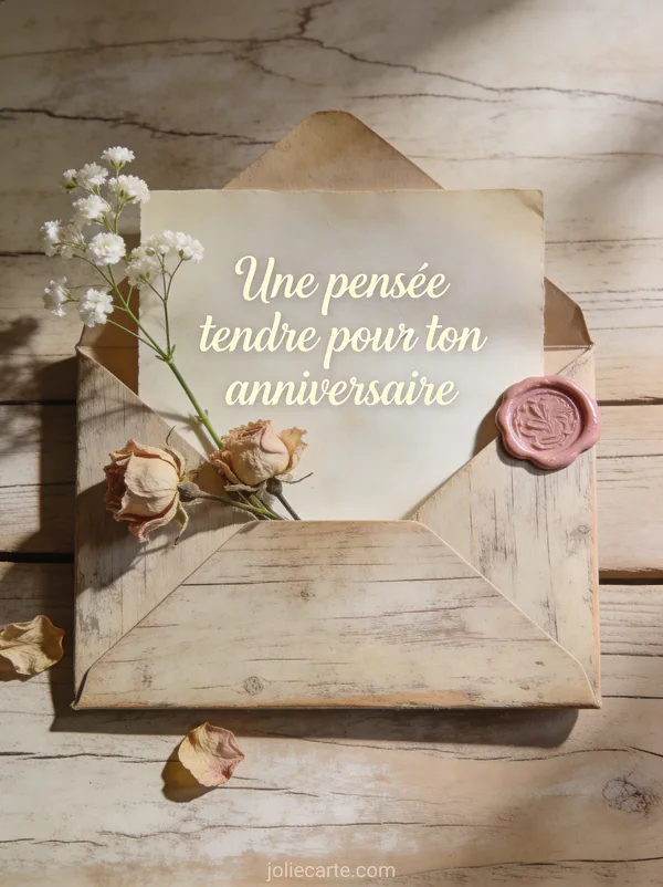 Enveloppe ancienne ouverte avec fleurs séchées et gypsophile cachet de cire rose sur bois patiné texte anniversaire