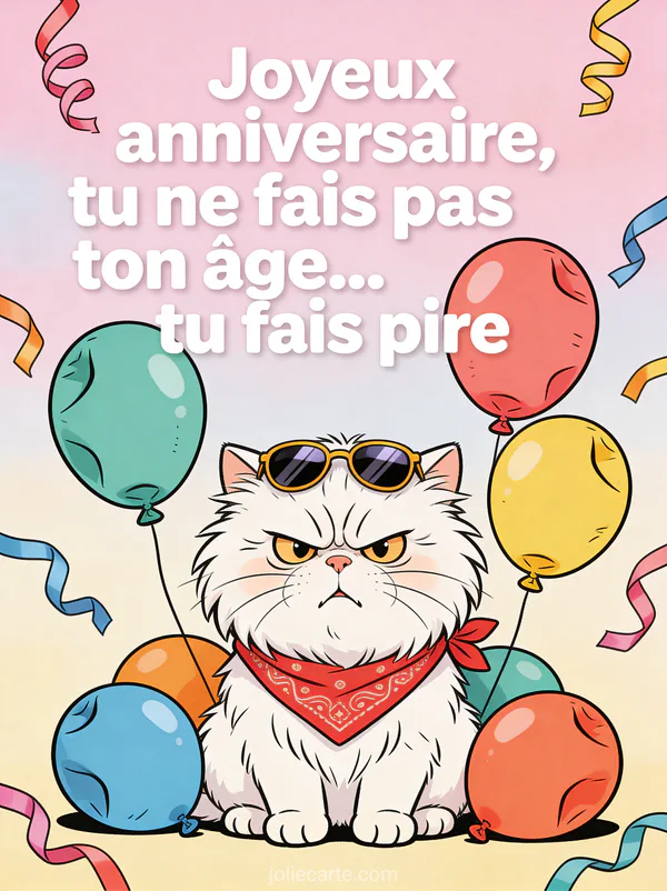 Illustration d'un chat persan blanc grognon avec bandana et lunettes entouré de ballons dégonflés et le texte Tu ne fais pas ton âge
