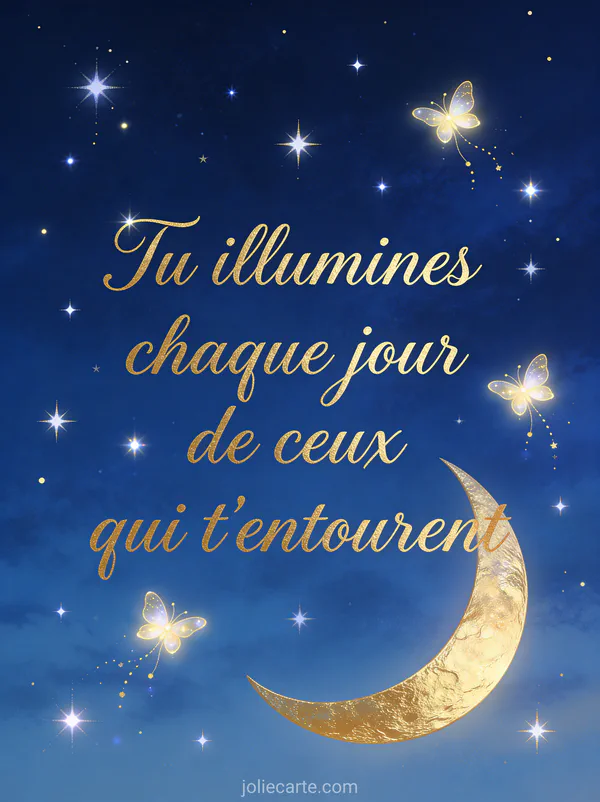 Étoiles scintillantes et lucioles dans ciel nocturne bleu avec croissant de lune doré illustration onirique texte anniversaire