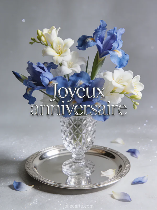 Bouquet d'iris bleus et freesias blancs dans un vase en cristal taillé sur plateau argent avec le texte Joyeux anniversaire