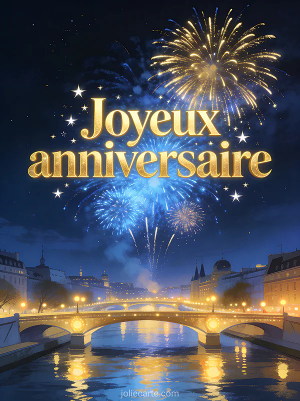 Feu d'artifice doré et bleu dans un ciel nocturne au-dessus d'une ville illuminée avec reflets sur un fleuve et le texte Joyeux anniversaire