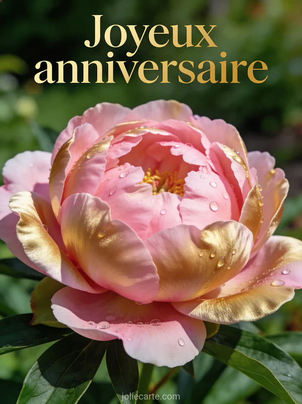 Pivoine rose parfaite en gros plan avec gouttes de rosée pétales veloutés fond flou vert texte Joyeux anniversaire
