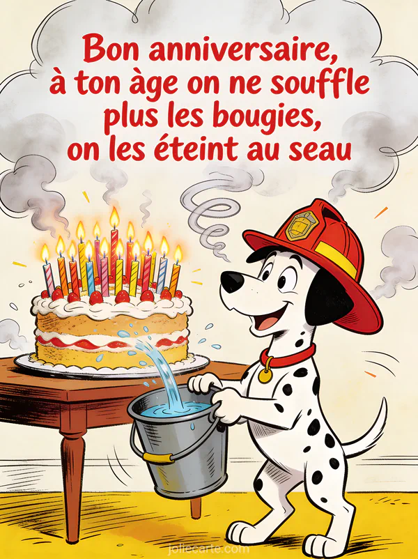 Illustration d'un dalmatien avec casque de pompier et seau d'eau devant un gâteau couvert de bougies et le texte Bon anniversaire
