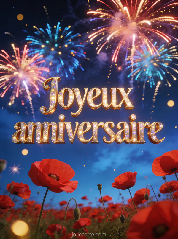 Feux d'artifice multicolores dans ciel nocturne au-dessus d'un champ de coquelicots rouges illustration festive texte Joyeux anniversaire
