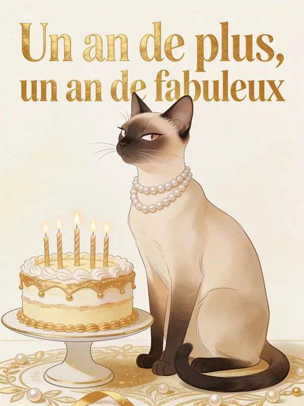 Chat siamois avec collier de perles assis à côté d'un gâteau d'anniversaire illustration raffinée et drôle texte anniversaire