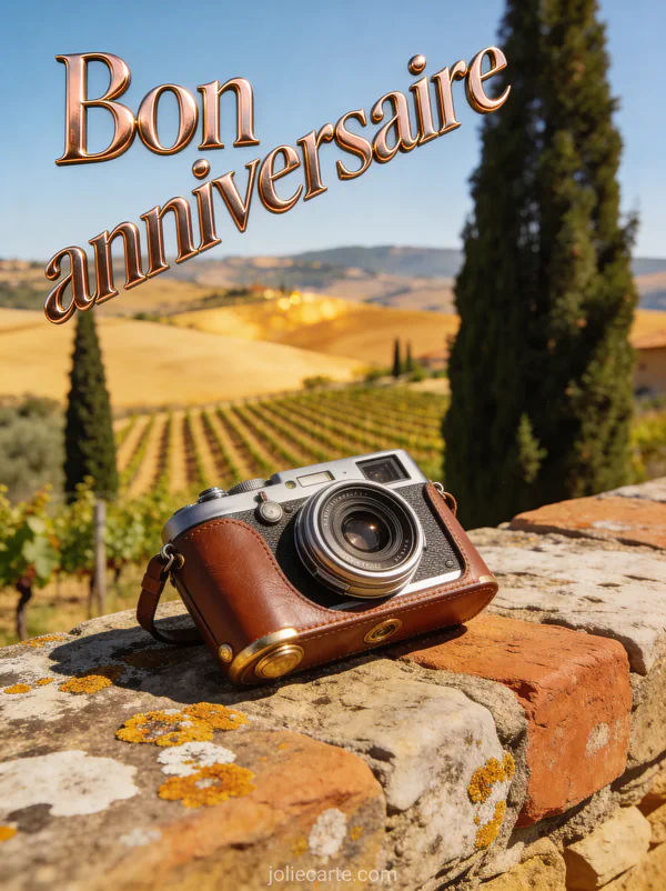 Appareil photo reflex vintage sur muret de pierre avec paysage toscan cyprĂšs et collines et le texte Bon anniversaire