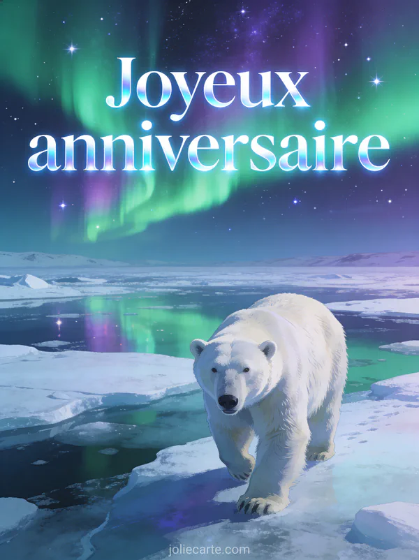 Ours polaire majestueux marchant sur la banquise sous une aurore boréale verte et violette avec le texte Joyeux anniversaire