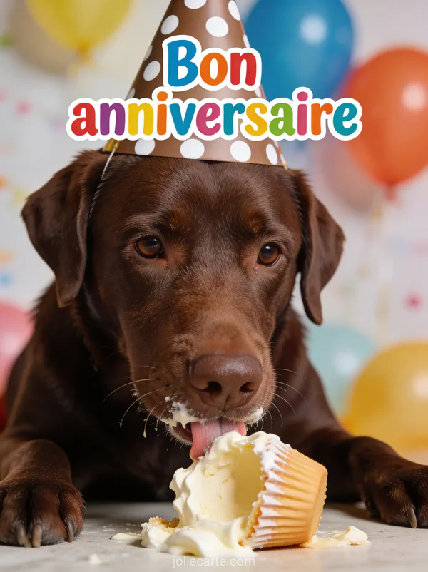 Labrador chocolat avec chapeau de fête léchant crème de cupcake renversé expression coupable texte Bon anniversaire