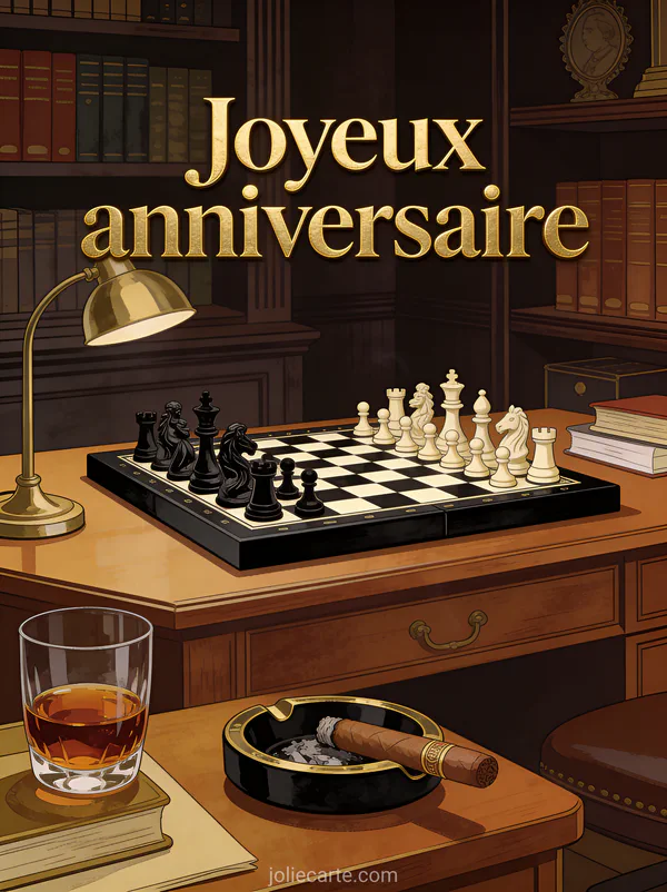 Illustration d'un échiquier en ébène avec verre de porto et cigare sur un bureau avec bibliothèque et le texte Joyeux anniversaire