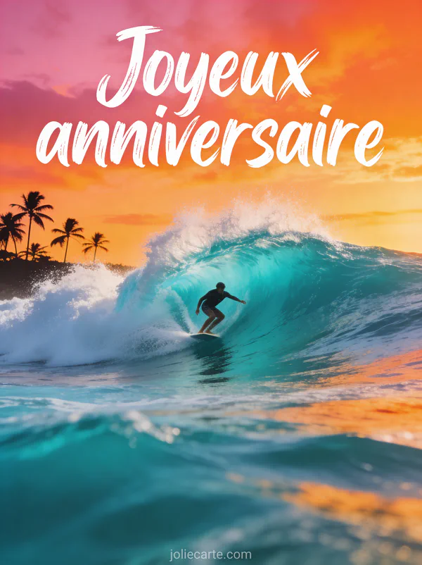 Surfeur sur une vague turquoise au coucher du soleil avec ciel orangé et cocotiers et le texte Joyeux anniversaire